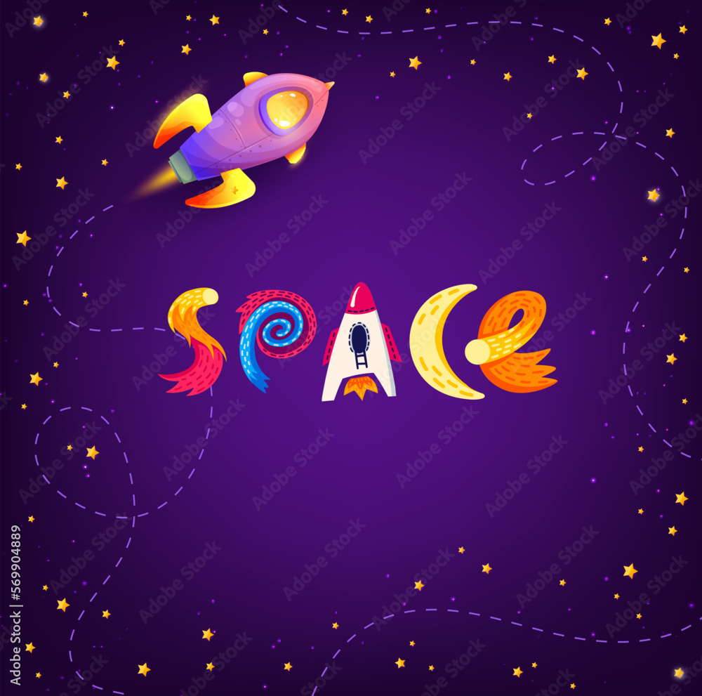 Cartoon space background, spaceship and stars
