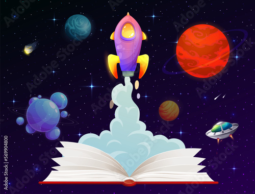 Opened book and rocket launch, starship fast start