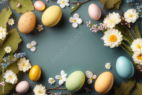 Easter eggs concept border frame background with copy space in the middle, AI generated