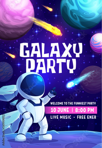 Galaxy party flyer, astronaut and space landscape