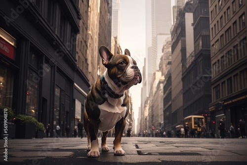 A French Bulldog standing, with a city street backdrop. Generative AI.