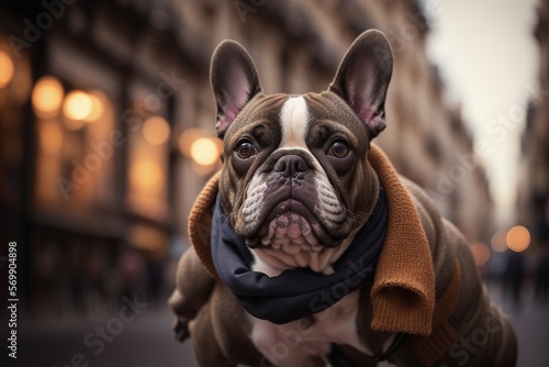 A French Bulldog close-up, wearing a scarf, with a city street backdrop. Generative AI.