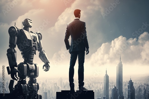 A powerful businessman and giant robot in a developed modern city in future. Generative AI