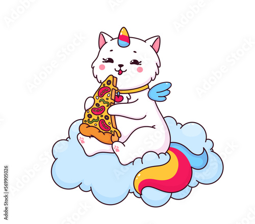 Cartoon cute caticorn character eating pizza