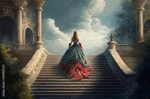 beautiful princess walking on star to outdoor pavilion, fairytale theme lifestyle, Generative Ai photo