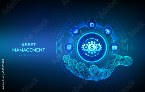 Asset management icon in robotic hand. Business investment banking payment technology concept on virutal screen. Vector illustration.
