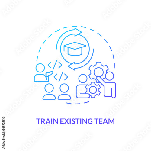 Train existing team blue gradient concept icon. Employees education for career development. IT staffing tip abstract idea thin line illustration. Isolated outline drawing. Myriad Pro-Bold font used