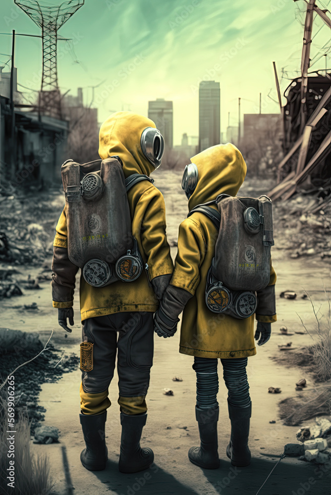 Abandoned children hold hands in radioactive realistic armor on the ground. Generative AI.