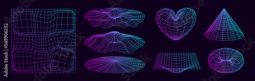 Rave psychedelic retro futuristic set. Surreal geometric shapes, abstract backgrounds gradient grid, wireframe, cyberpunk elements perspective grids. Vector elements and signs in trendy psychedelic