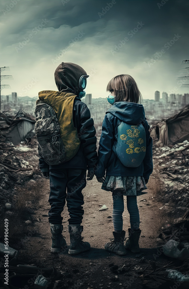 Abandoned children hold hands in radioactive realistic armor on the ground. Generative AI.