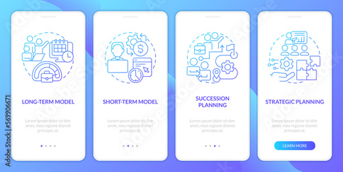 IT staffing models blue gradient onboarding mobile app screen. Hiring walkthrough 4 steps graphic instructions with linear concepts. UI, UX, GUI template. Myriad Pro-Bold, Regular fonts used