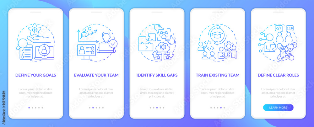 IT staffing tips blue gradient onboarding mobile app screen. Hiring process walkthrough 5 steps graphic instructions with linear concepts. UI, UX, GUI template. Myriad Pro-Bold, Regular fonts used