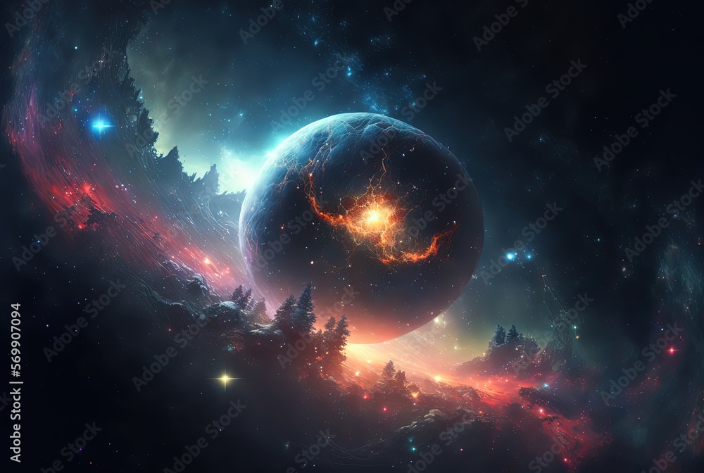 Naklejka premium illustration of a big planet crash with gigantic one in the space, Generative Ai