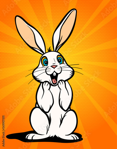 Vector pop art illustration of surprised white rabbit, wow emotion, easter bunny comic style character, hare with open mouth, holiday sale poster template.