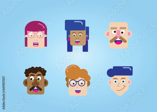 Vector Cute Set Faces Collection, Head Interesting Characters, Different People Design