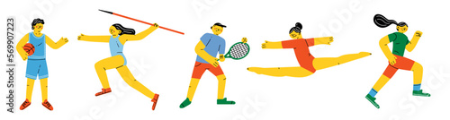 Group of abstract diverse people in sport athletic poses. Javelin-throwing, basketball, tennis, run, gymnastics. Hand drawn colorful Vector.  Olympic Games, competitions vector characters