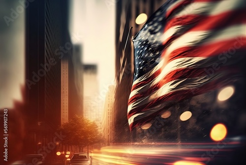 close up U.S.A. national flag flew in wind with bokeh light and urban city streetbackground, , idea for national federal holiday celebration theme background wallpaper, Generative Ai	
 photo