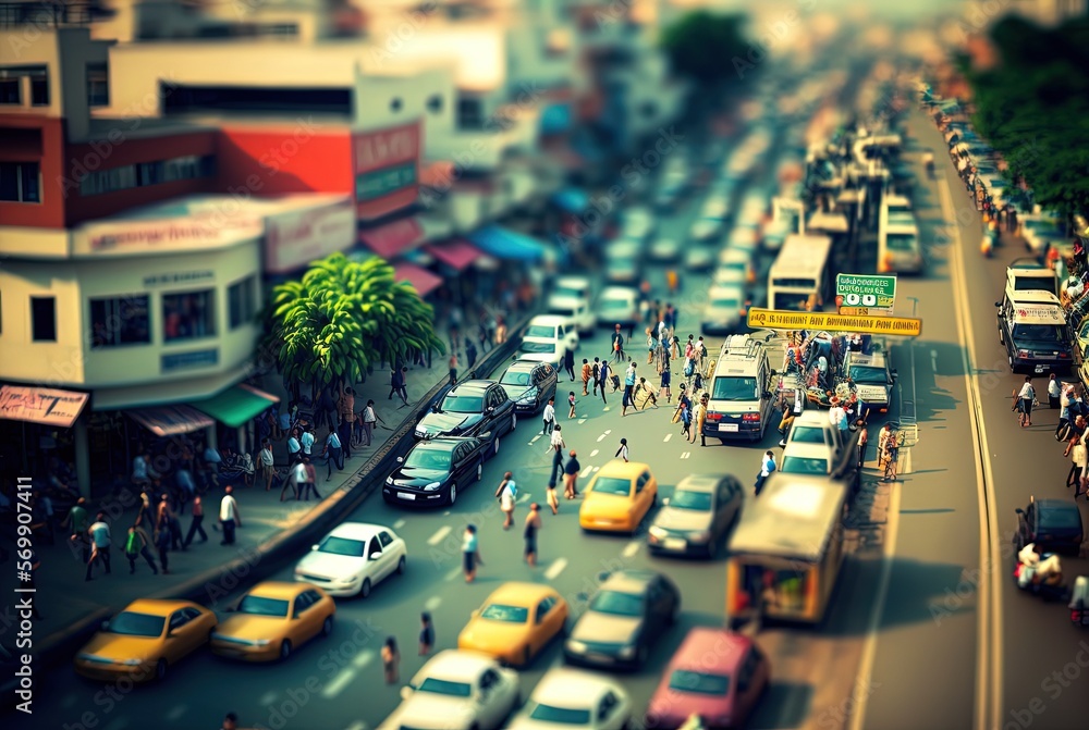 blurred miniature style bird eye view picture of cityscape, inspired from Vietnam street view,  idea for travel or tourism background wallpaper, Generative Ai