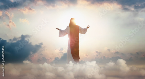 Fényképezés The resurrected Jesus Christ ascending to heaven above the bright light sky and
