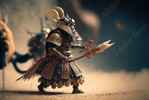 cute miniature character design of ancient Asian warrior with lance in arm fighting on battlefield, Generative ai
