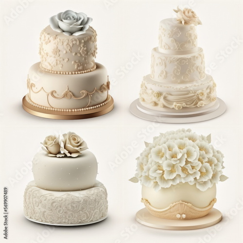 Collection set of weddingcake on white background, Made by AI,Artificial intelligence