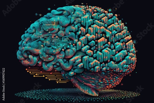 Digital brain representing the ideas of artificial intelligence and big data floating in a cloud of numerical data. Generative AI