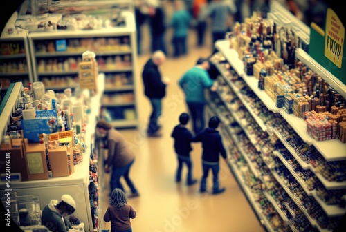 blurred miniature supermarket with people are shopping local product, Generative Ai