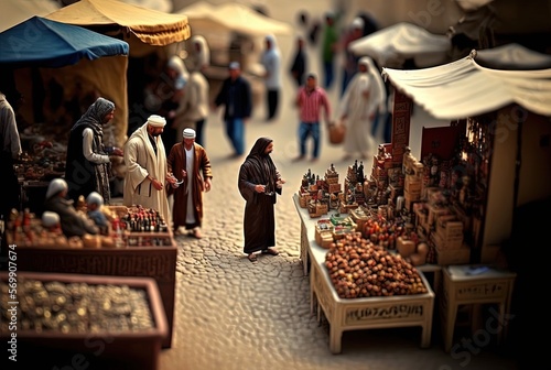 blurred market, miniature style inspired from middle east local marketplace, idea for travel or tourism background wallpaper, Generative Ai