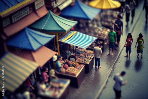 blurred market,  miniature style inspired from Thai local marketplace, idea for travel or tourism background wallpaper Generative Ai photo