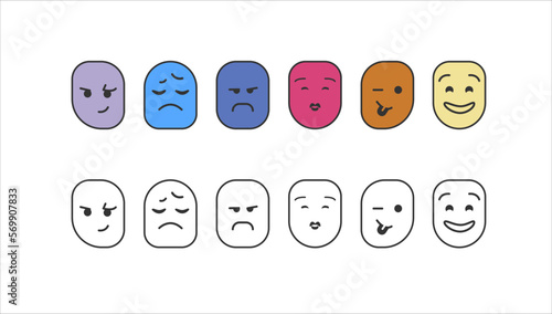 Collection various emoji, funny emotion smile faces, vector color doodle illustration on white background
