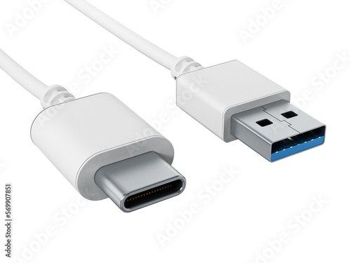 USB type C and USB 3.0 cables on transparent background. 3D illustration