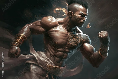 ancient Muay Thai fighter in traditional outfit style  Generative Ai