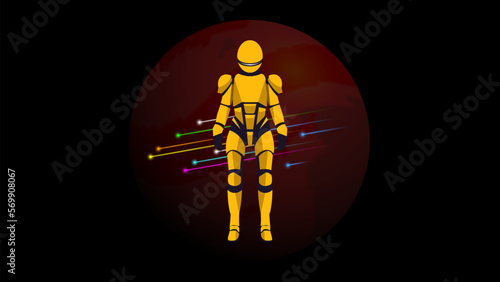 Vector angular yellow female spacesuit in cosmos against the background of a dark red planet Mars and colored comets.