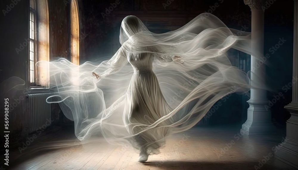 dancer performing in vintage studio wearing chiffon clothes that swirl in the are, Generative Ai
