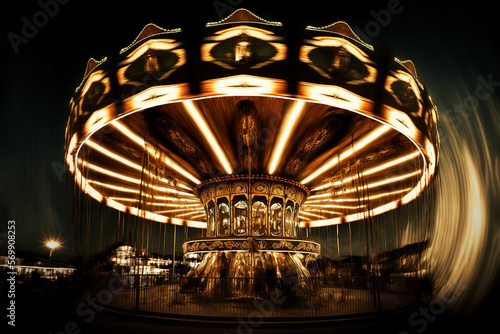 Carousel spinning in amusement park at night. Generative ai