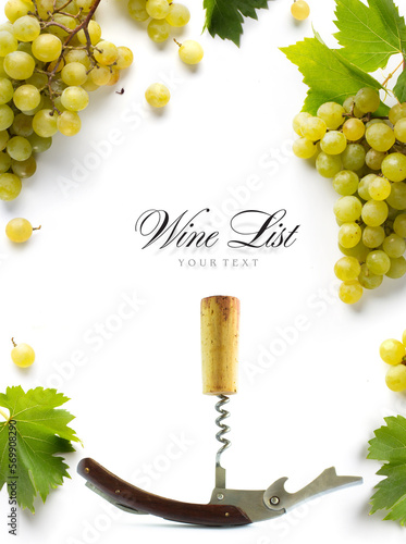 wine list or wine card design background; sweet white grapes and bottle-screw