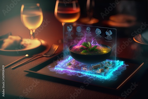 illustration of futuristic restaurant with hologram or smart panel interface for customer to use, Generative Ai