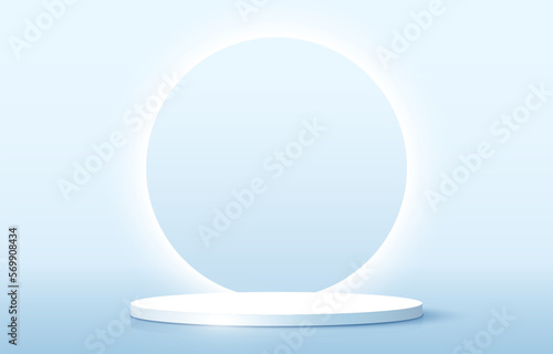 Abstract stage podium decorated with glowing neon circle lighting. Realistic rendering pedestal on blue background. Product display podium with reflection of light. Futuristic design. 3d vector