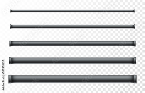 Black metal pipes with different diameters set on transparent background. Realistic detailed metallic pipelines. Steel pipes. Chrome cylinders. Template for construction, industrial objects. 3d Vector
