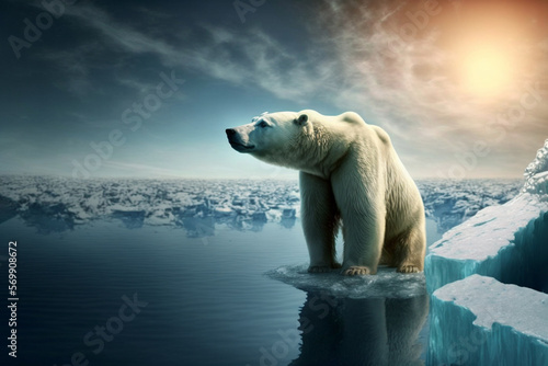 Polar bear in north pole on melting ice caps. Climate change  global warming concept. Generative AI.