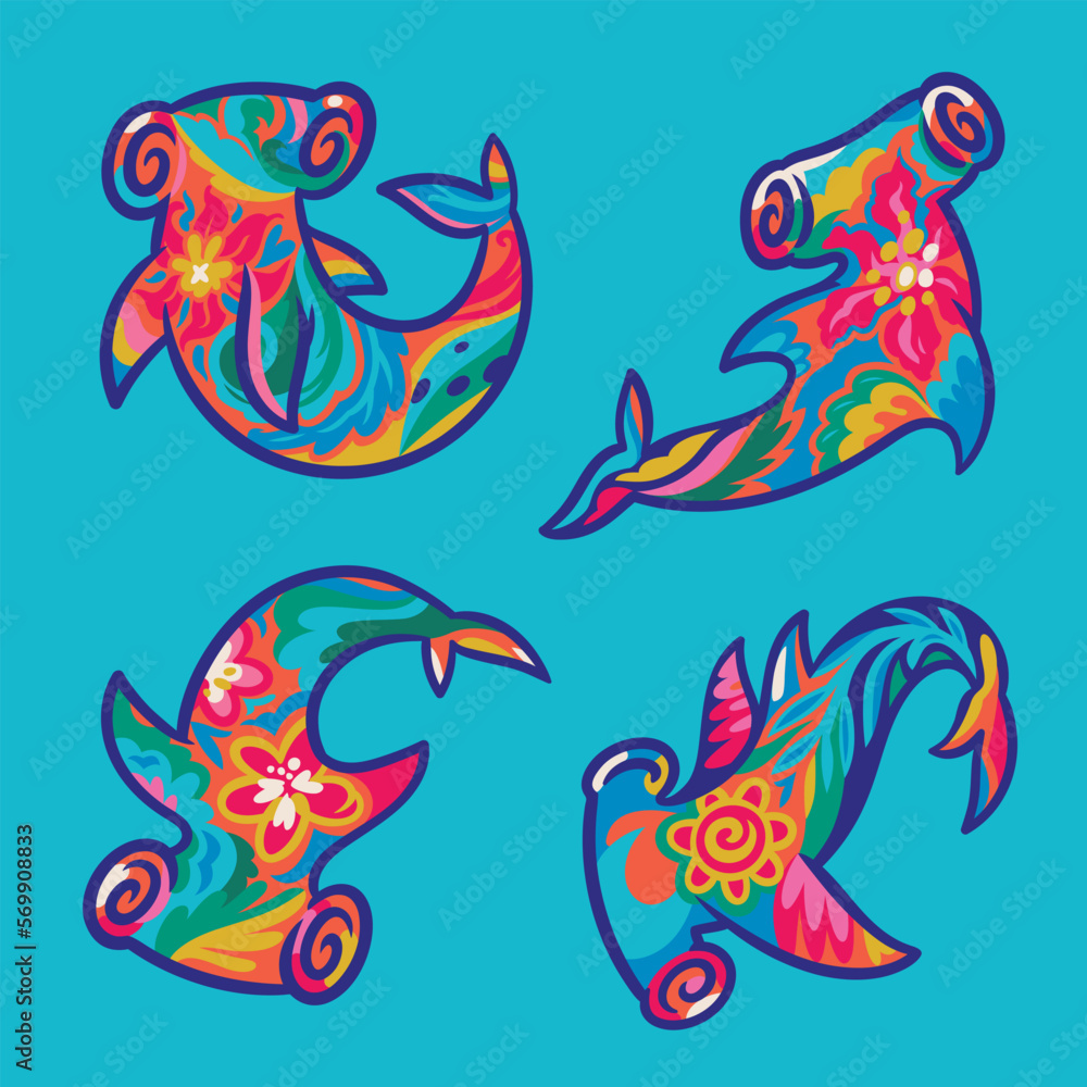 Obraz premium Set of hammerhead sharks with decorative flowers ornaments inside