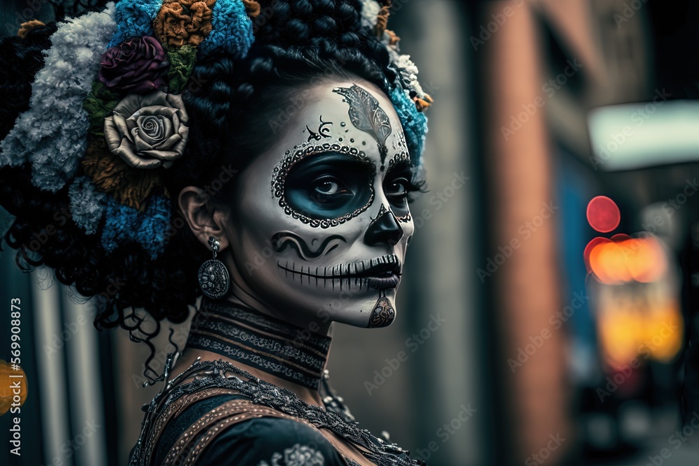  close up beautiful woman wearing skull make up during Day of Dead festival, Day of the Dead or Día de los Muertos, copy space background, Generative Ai not real person