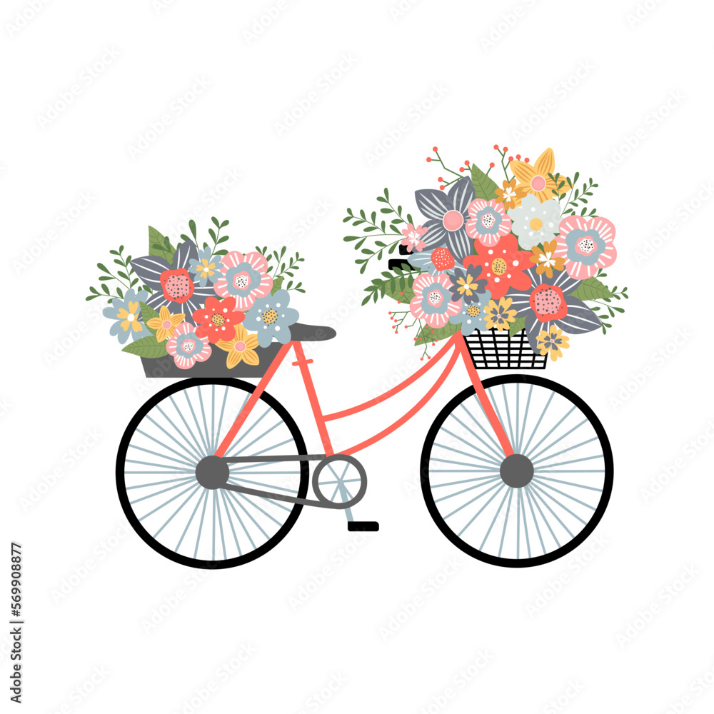 Vector illustration of a cyclist with bouquets of colorful flowers on a white background. The illustration is suitable for greeting cards, stickers, clothing prints and covers.