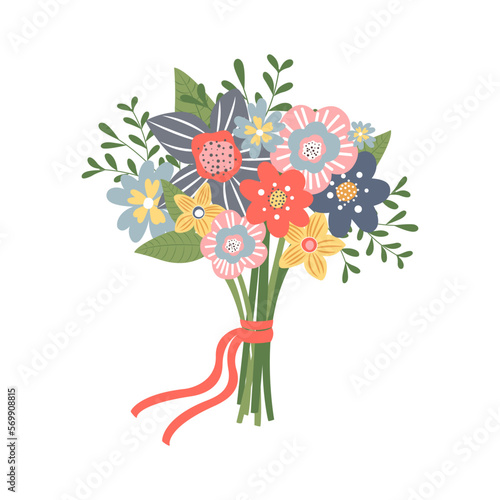 Vector illustration of a bouquet of colorful flowers on a white background. The illustration is suitable for greeting cards, stickers, clothing prints and covers.