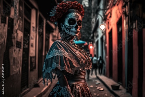  close up beautiful woman wearing skull make up during Day of Dead festival, Day of the Dead or Día de los Muertos, copy space background, Generative Ai not real person