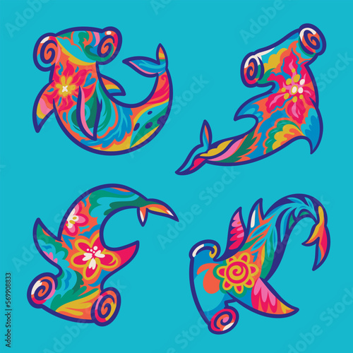 Set of hammerhead sharks with decorative flowers ornaments inside