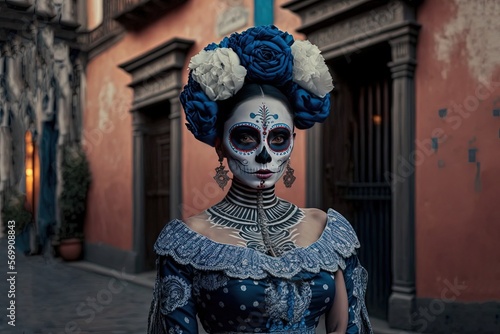 Obraz na plátně close up beautiful woman wearing skull make up during Day of Dead festival, Day