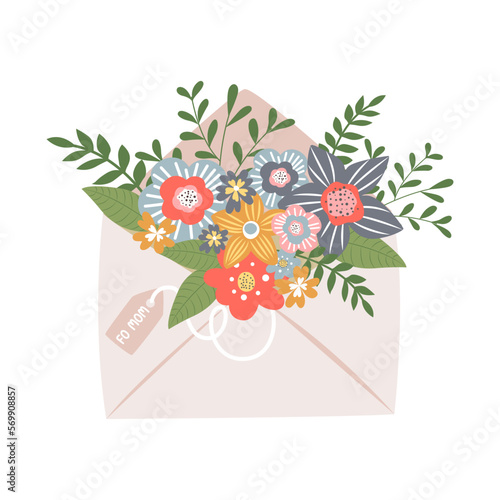 Vector illustration of an envelope with colorful flowers on a white background. The illustration is suitable for greeting cards, stickers, clothing prints and covers.