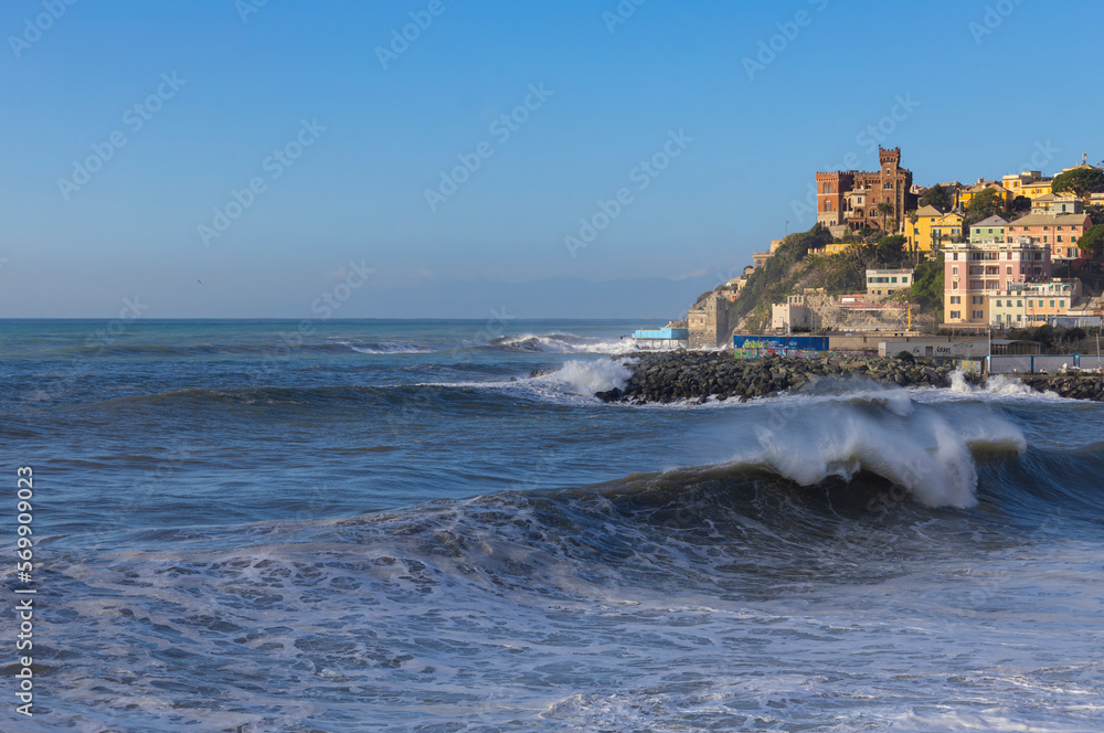 GENOA, ITALY, JANUARY 18, 2023 - Rough sea on the beach of Genoa Sturla, Italy.