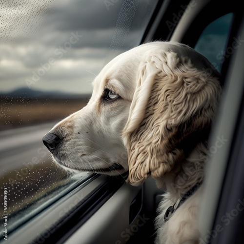 Smutny pies patrzący przez okno jadącego samochodu. 